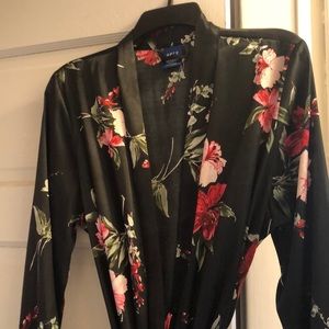 Black floral satin robe